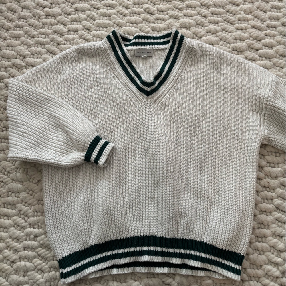 Preppy White V-Neck Sweater with Green Stripes